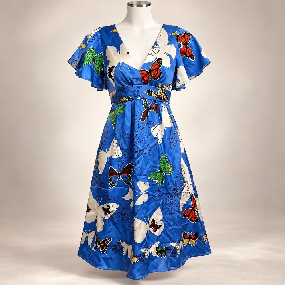 Vtg Y2K Babydoll Silk Dress S Blue Butterfly Print Flutter Sleeves Fairycore
